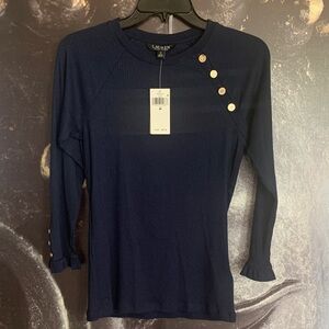 Lauren Ralph Lauren Navy Ribbed Long-Sleeve Top with Gold Buttons